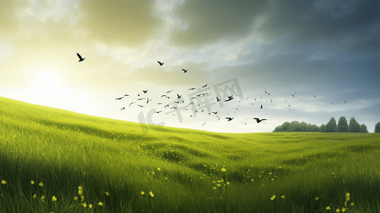 白天鸟儿飞翔的绿色草地