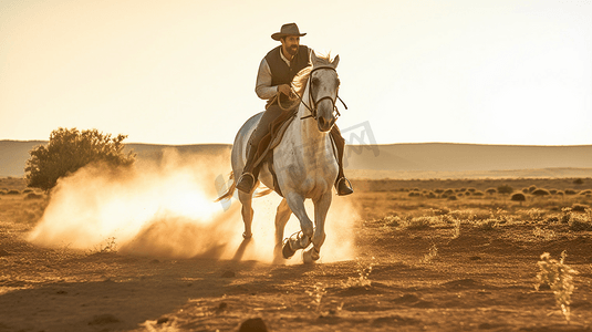 荒漠屠夫摄影照片_荒漠上骑马飞驰的西部牛仔1