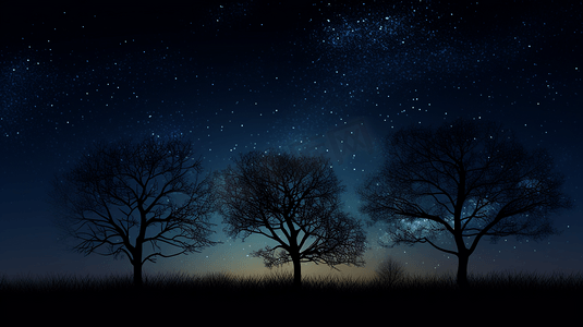 星夜摄影照片_星夜下树木的剪影
