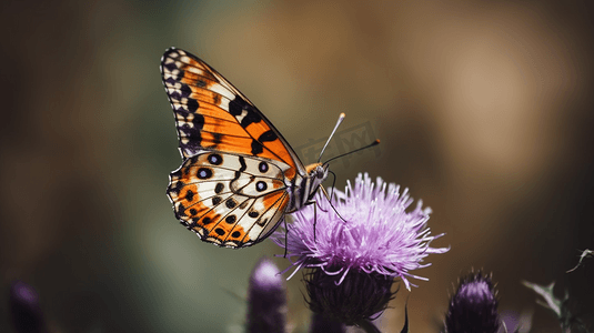 白色的蝴蝶摄影照片_棕色和白色的蝴蝶栖息在紫色的花朵上，白天的特写摄影
