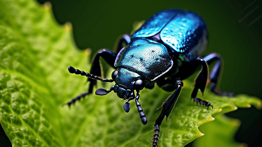 一只蓝黑相间的昆虫坐在植物的顶部