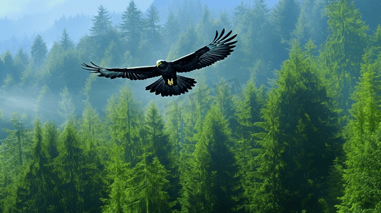 一只大鸟在郁郁葱葱的森林上空飞翔