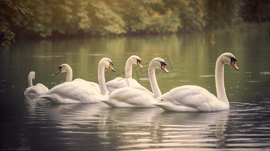 一群在湖里游泳的天鹅
