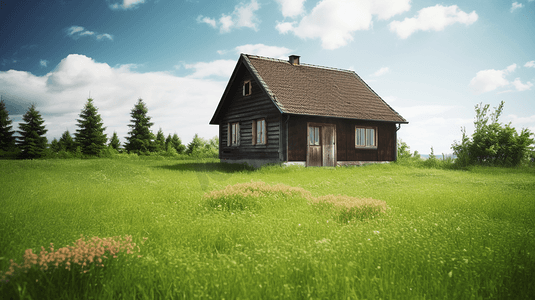 棕色和白色的木屋，白天被绿色的草地包围