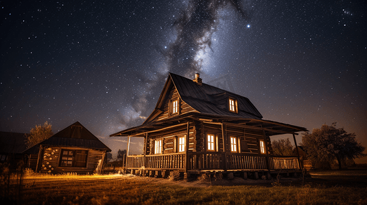 星夜摄影照片_星夜下的棕色木屋