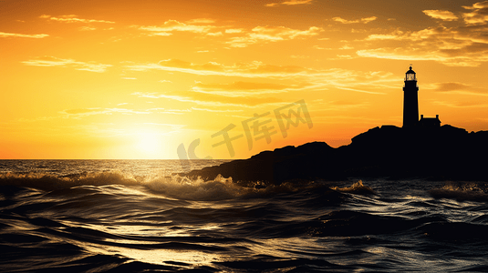 灯塔大海摄影照片_岩石和大海，背景是灯塔的轮廓
