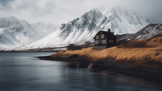 水体摄影照片_黑色和棕色油漆的两层房子，靠近水体和白天被白雪覆盖的灰色山脉