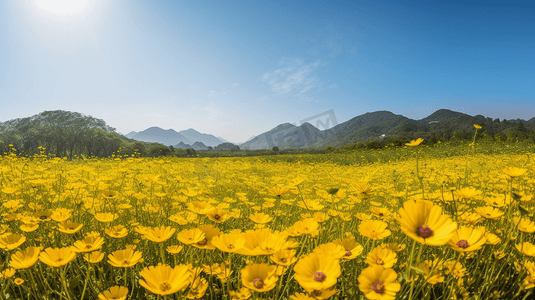 白天在蓝天下靠近山上的黄色花田