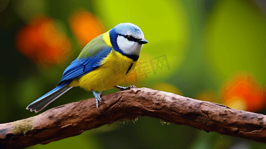 一只蓝黄相间的小鸟栖息在树枝上