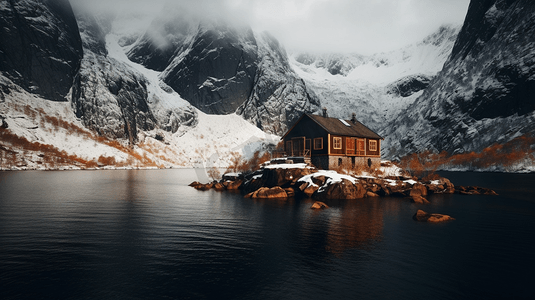 黑色和棕色油漆的两层房子，靠近水体和白天被白雪覆盖的灰色山脉