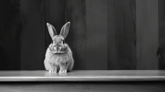 黑白兔摄影照片_棕色木桌上的黑白兔