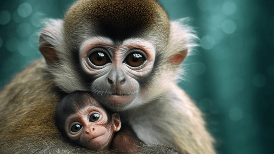 一只猴子抱着一只小猴子