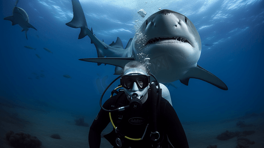 扁平潜水摄影照片_海中潜水观看鲨鱼