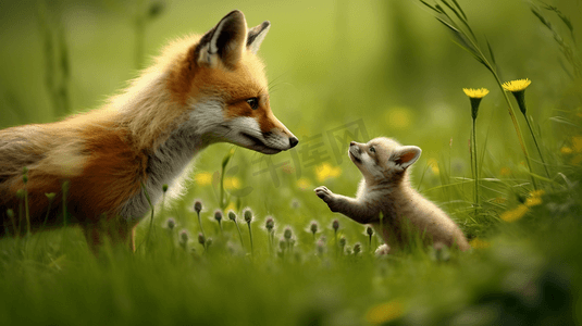一只小狐狸和它的妈妈在草丛里玩耍