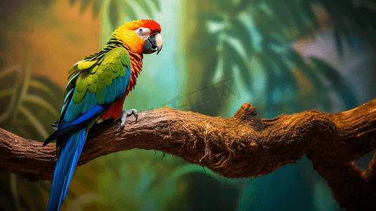 坐在树枝上摄影照片_一只色彩鲜艳的鹦鹉坐在树枝上