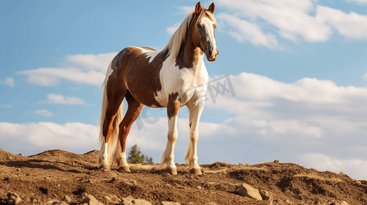 一匹棕白相间的马站在泥土田野上