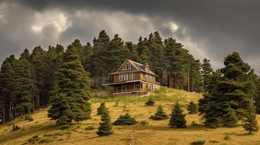被风吹过的山上松树环绕的棕色房子白天照片