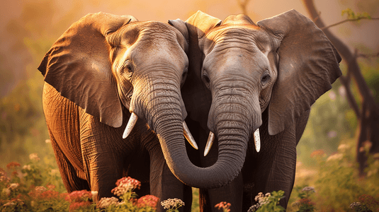 靠在一起摄影照片_长着长鼻子的大象互相靠在一起