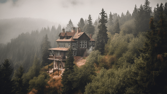 被风吹过的山上松树环绕的棕色房子白天照片