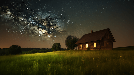星夜摄影照片_星夜下绿色草地上的棕色木屋