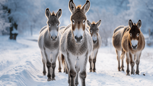 冬天一群驴行走在雪地上2
