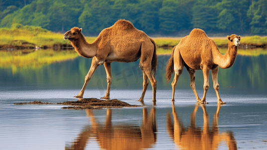 两只棕色骆驼在水体附近