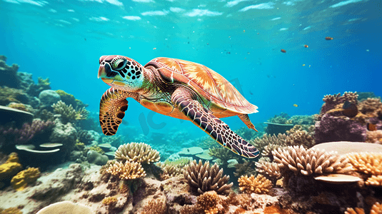 一只绿海龟游过珊瑚礁