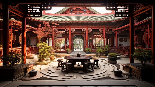 中国风国潮建筑背景图片_中式庭院红木建筑