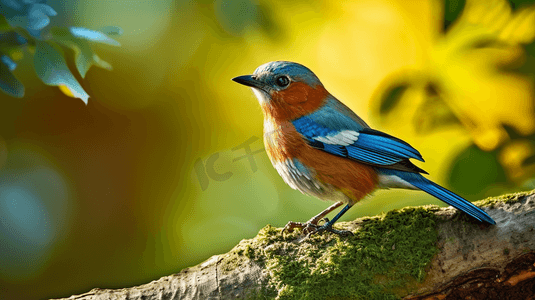 诗意蓝鸟摄影照片_蓝鸟栖息在棕树上
