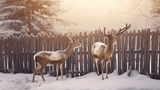 白天在木栅栏附近的雪地上有白色和棕色的鹿