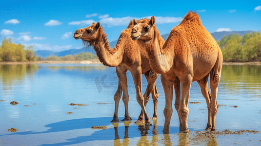 水体摄影照片_两只棕色骆驼在水体附近
