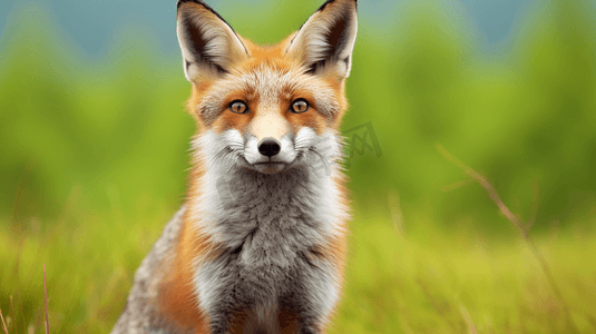 棉尾兔和赤狐摄影照片_赤狐站在绿草地上的特写照片
