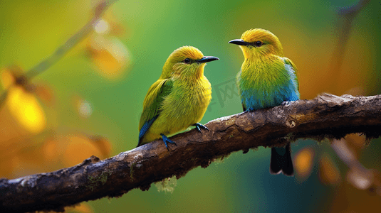 两只绿色的小鸟坐在树枝上