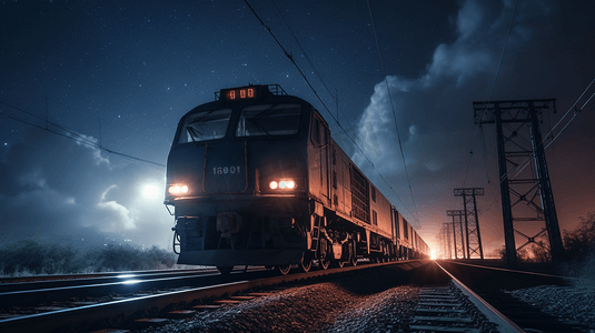 火车摄影照片_夜间铁路上的火车