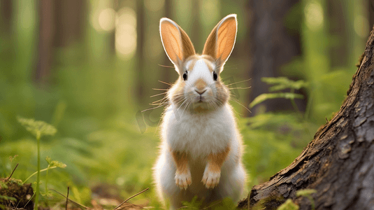 戴墨镜的兔子摄影照片_森林中一只棕白色的兔子