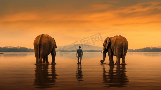两头大象摄影照片_在水体附近的两头棕色大象旁边的人