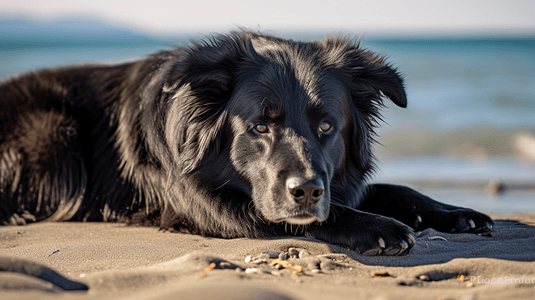 白天躺在海边的短毛黑狗