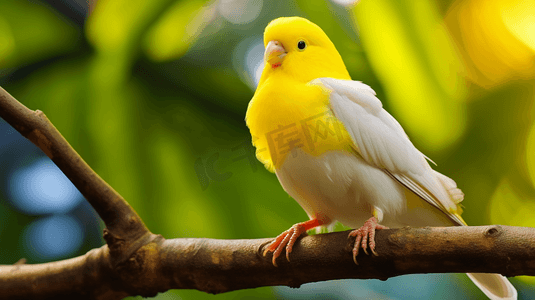一只白黄相间的鸟栖息在树枝上