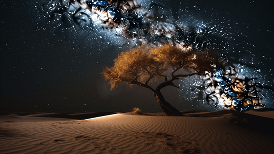 在繁星点点的夜晚，灰色沙滩上的棕树