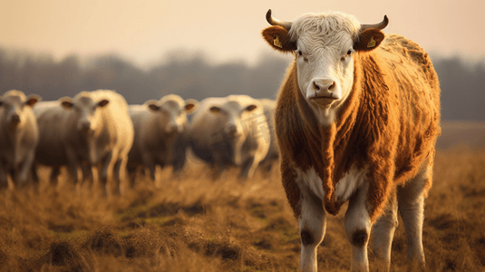 白天棕色田野上的棕色母牛和白色羊头
