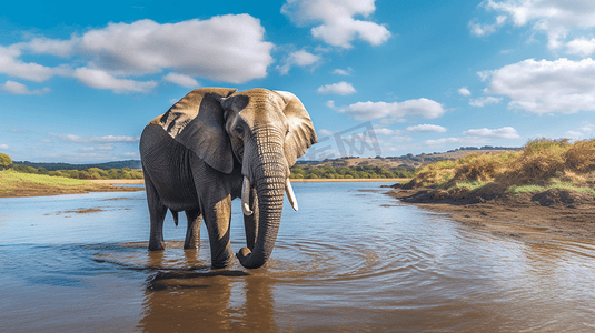 白天，大象在河里喝水