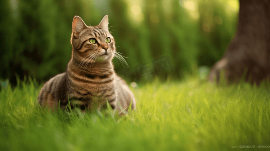 绿色草地上的棕色猫猫