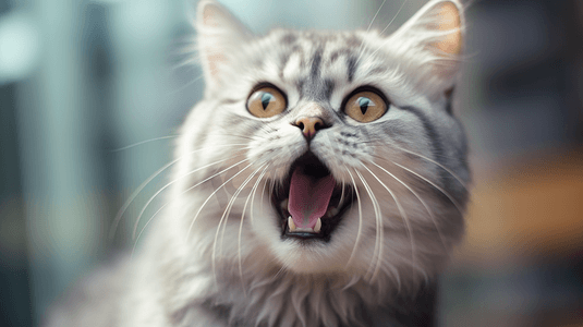 灰白猫张大嘴巴