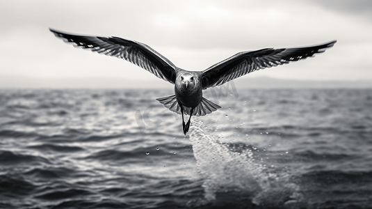 黑白相间的鸟在海上飞翔
