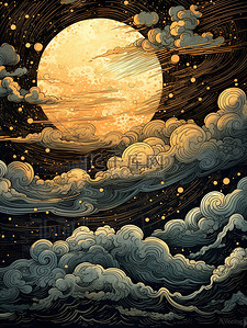 月亮云嶷在夜空中的波浪中国风背景18