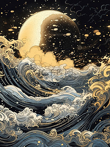 月亮云嶷在夜空中的波浪中国风背景5