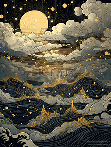 月亮云嶷在夜空中的波浪中国风背景2