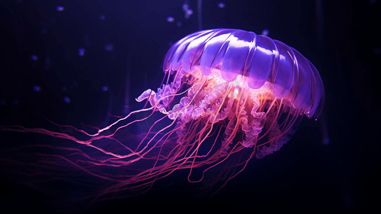 一只紫色水母漂浮在黑暗中
