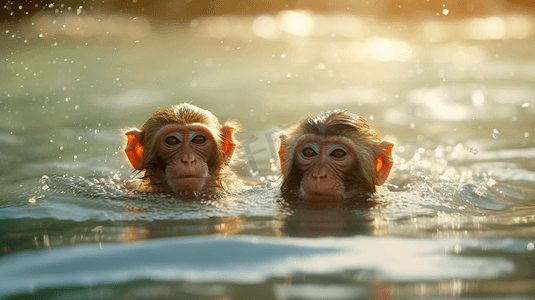 两只猴子在水里游泳