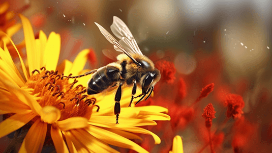 黄蜂在花边飞翔
